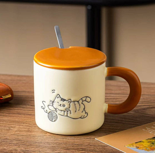 Playful Cat Stoneware Mug with Lid + Spoon