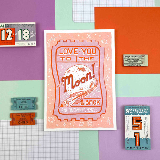 A5 to the Moon & Back Ticket, Risograph Print | Jacqueline Colley (UK)