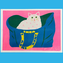 Load image into Gallery viewer, Ikea Bag Cat Risograph Print | White | Naomi Wilkinson (UK)