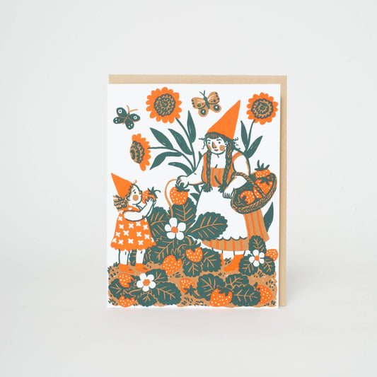 Strawberry Picking Gnome Letterpress Card by Phoebe Wahl