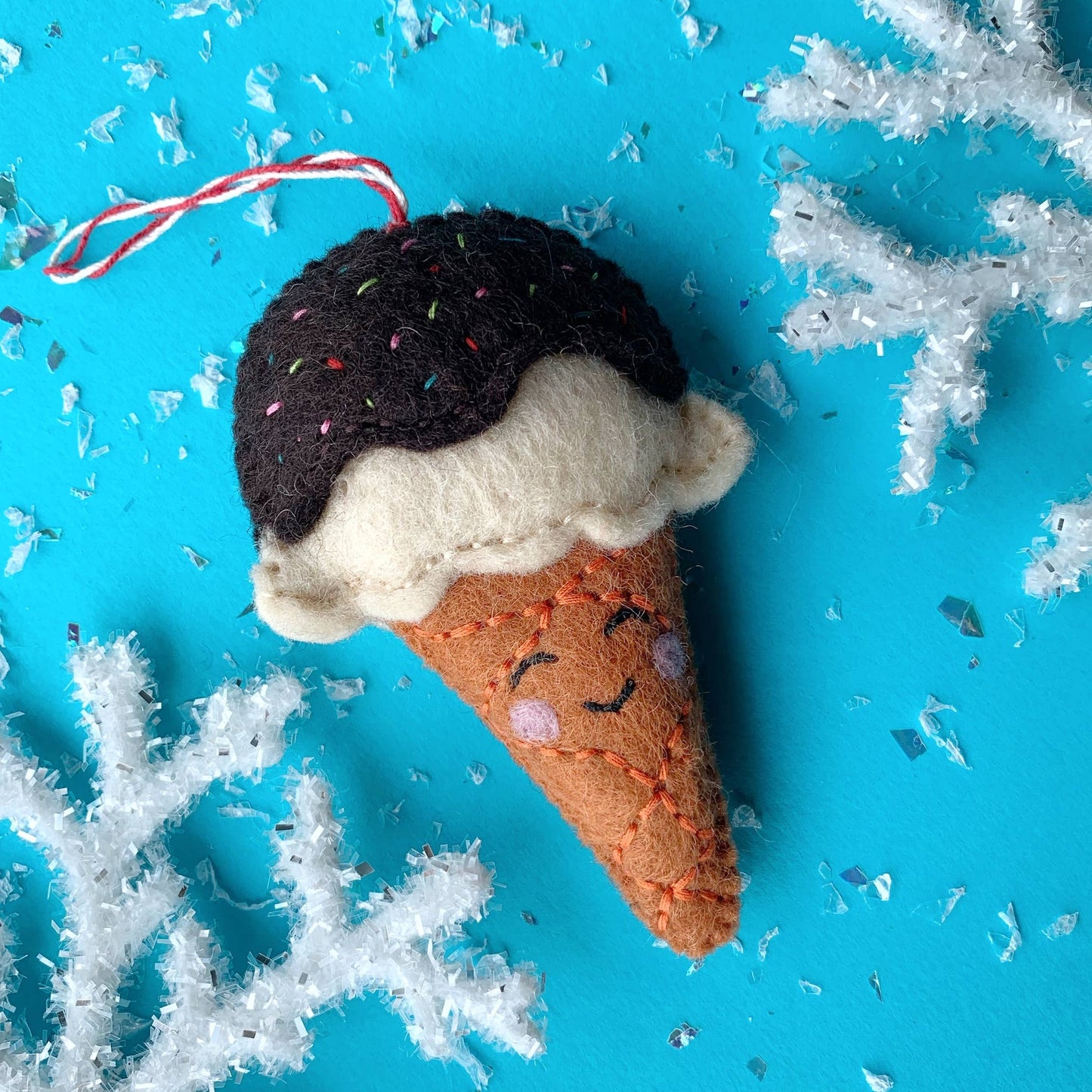 Smiling Ice Cream Cone Wool Felt Ornament