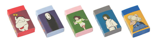 The five erasers out of the box, sleeves showing No Face, Yubaba, the Radish Spirit, Chihiro and Haku