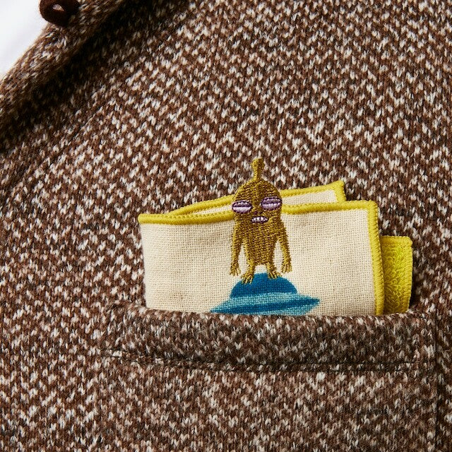 MiW Style Pocket Handkerchief | Uchujin Design in Dark Yellow | moritaMiW (Japan)