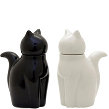 Load image into Gallery viewer, Black and white cat-shaped salt and pepper shakers on a white background