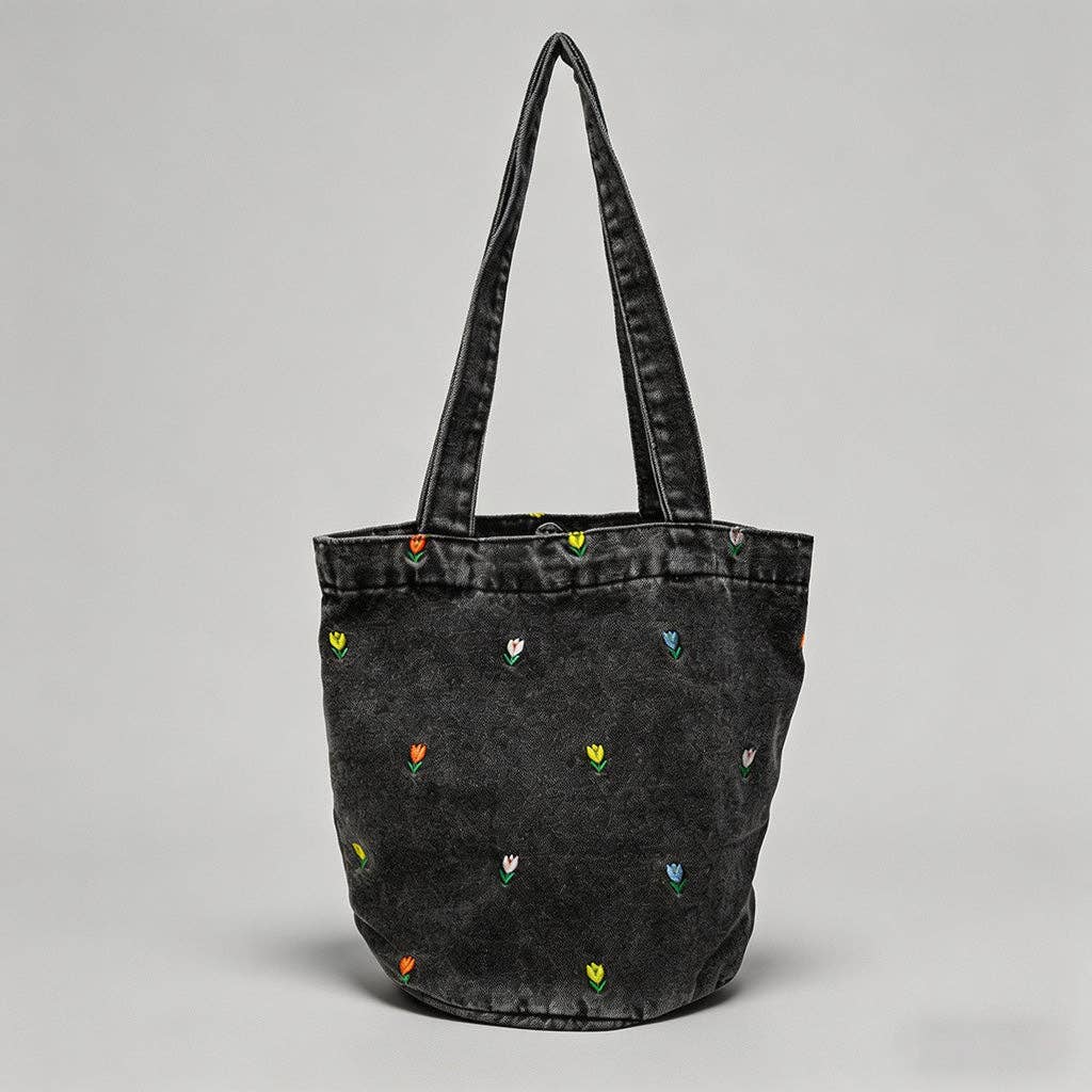Floral Embroidered Denim Bucket Shoulder Bag