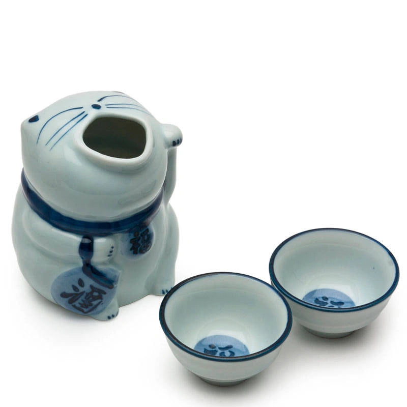 Blue & White Cat Ceramic Sake Set (Japan)