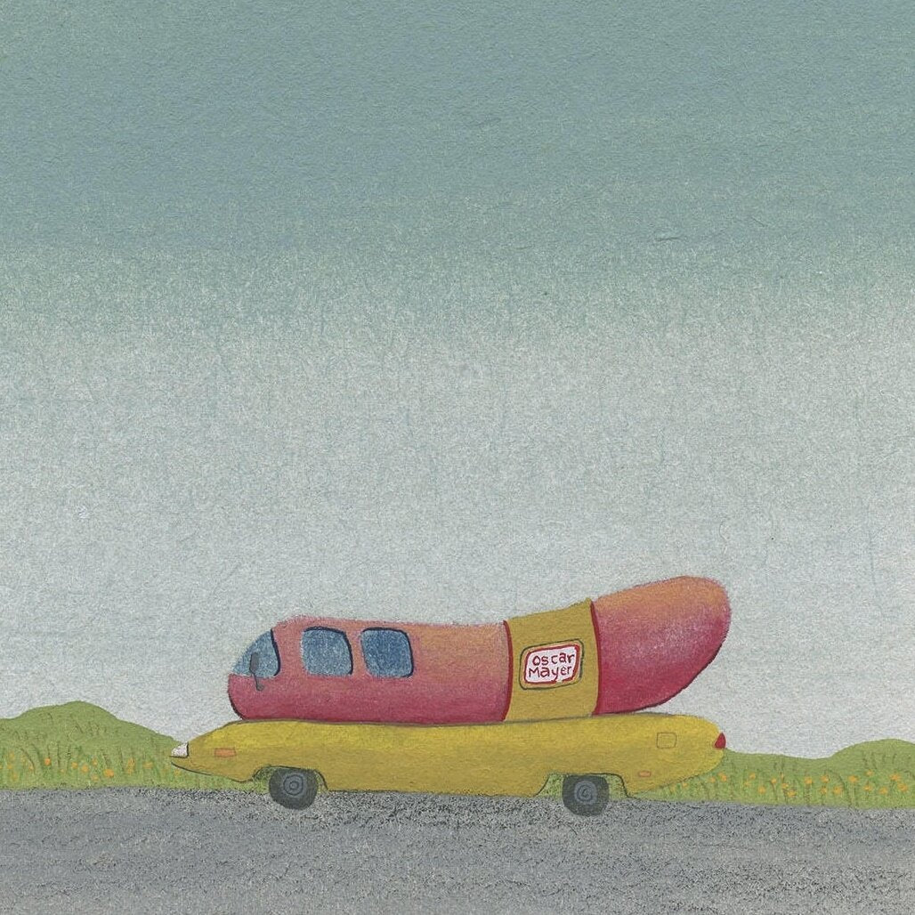 That's What I Truly Like To Be pocket art print by Heather Sundquist Hall — the Oscar Mayer Wienermobile on a road