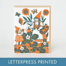 Load image into Gallery viewer, Strawberry Picking Gnome Letterpress Card by Phoebe Wahl