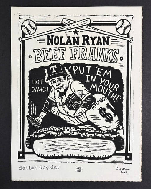 Dollar Dog Day linocut print by Jack Russell (Jackdaw Folk Art): Nolan Ryan pitching from a giant hot dog
