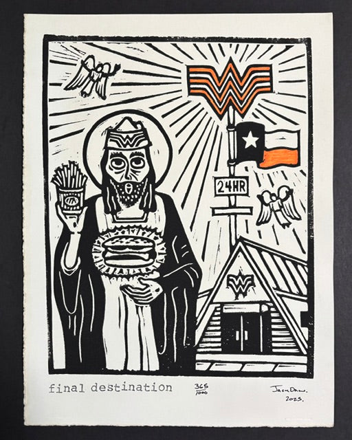 Final Destination linocut print by Jack Russell (Jackdaw Folk Art): Jesus with a Whataburger