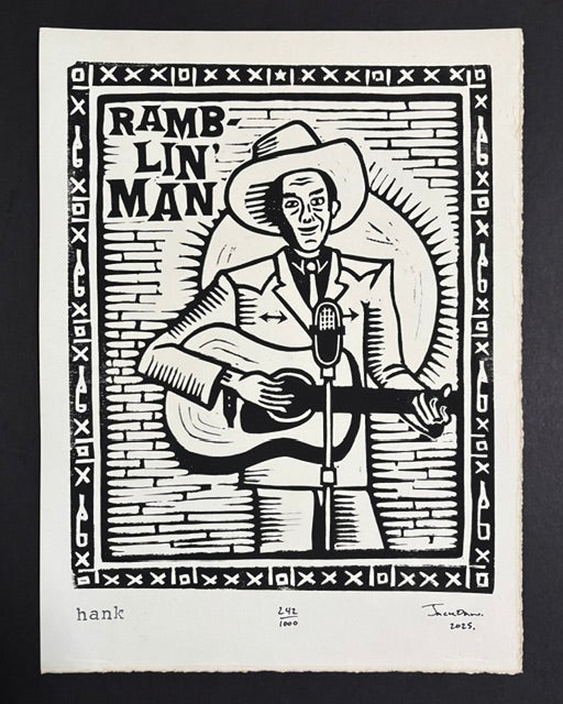 Hank linocut print by Jack Russell (Jackdaw Folk Art): Hank Williams, Ramblin' Man