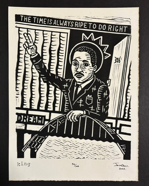 King linocut print by Jack Russell (Jackdaw Folk Art): Dr. Martin Luther King Jr. at the Lorraine Motel