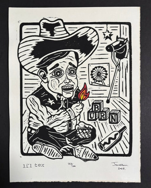 Lil Tex linocut print by Jack Russell (Jackdaw Folk Art): baby Big Tex playing with matches