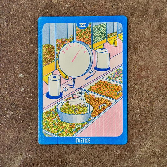 Cornerstore Tarot Risograph Print Postcard | Justice | Christina Hu (CA)