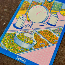 Load image into Gallery viewer, Cornerstore Tarot Risograph Print Postcard | Justice | Christina Hu (CA)