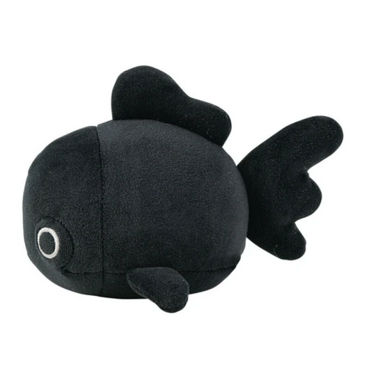 Black plush fish toy on a white background