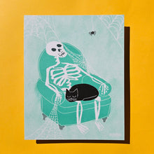 Load image into Gallery viewer, Skeleton Lap Cat Risograph Print | Bromstad Printing Co. (VA)