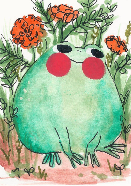 Frog with Marigolds Mini Art Print | Rebekah Evans (NC)