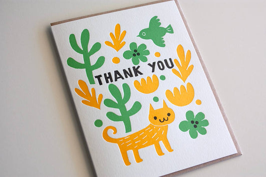 Bird Cat Thank You Letterpress Card | Fugu Fugu Press (CA)
