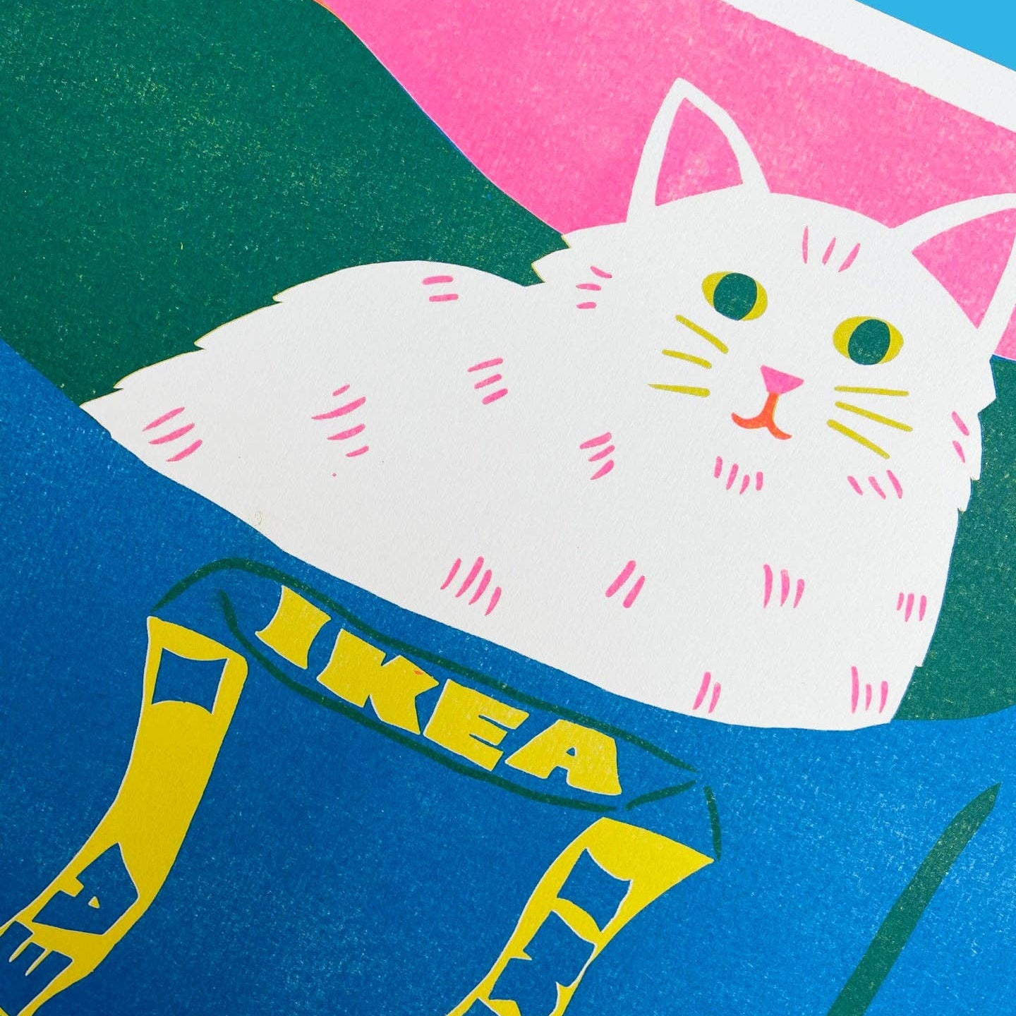 Ikea Bag Cat Risograph Print | White | Naomi Wilkinson (UK)