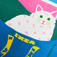 Load image into Gallery viewer, Ikea Bag Cat Risograph Print | White | Naomi Wilkinson (UK)