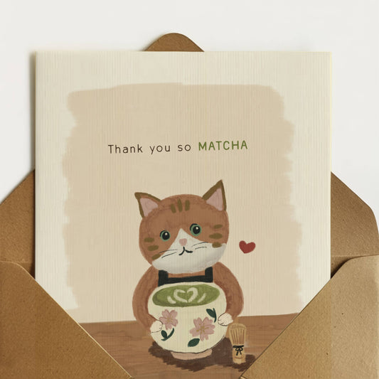 Thank You So Matcha Cat Card by Hoshi – cat holding a bowl of matcha