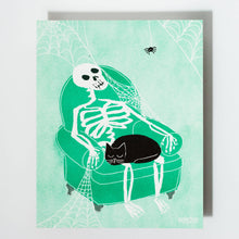 Load image into Gallery viewer, Skeleton Lap Cat Risograph Print | Bromstad Printing Co. (VA)