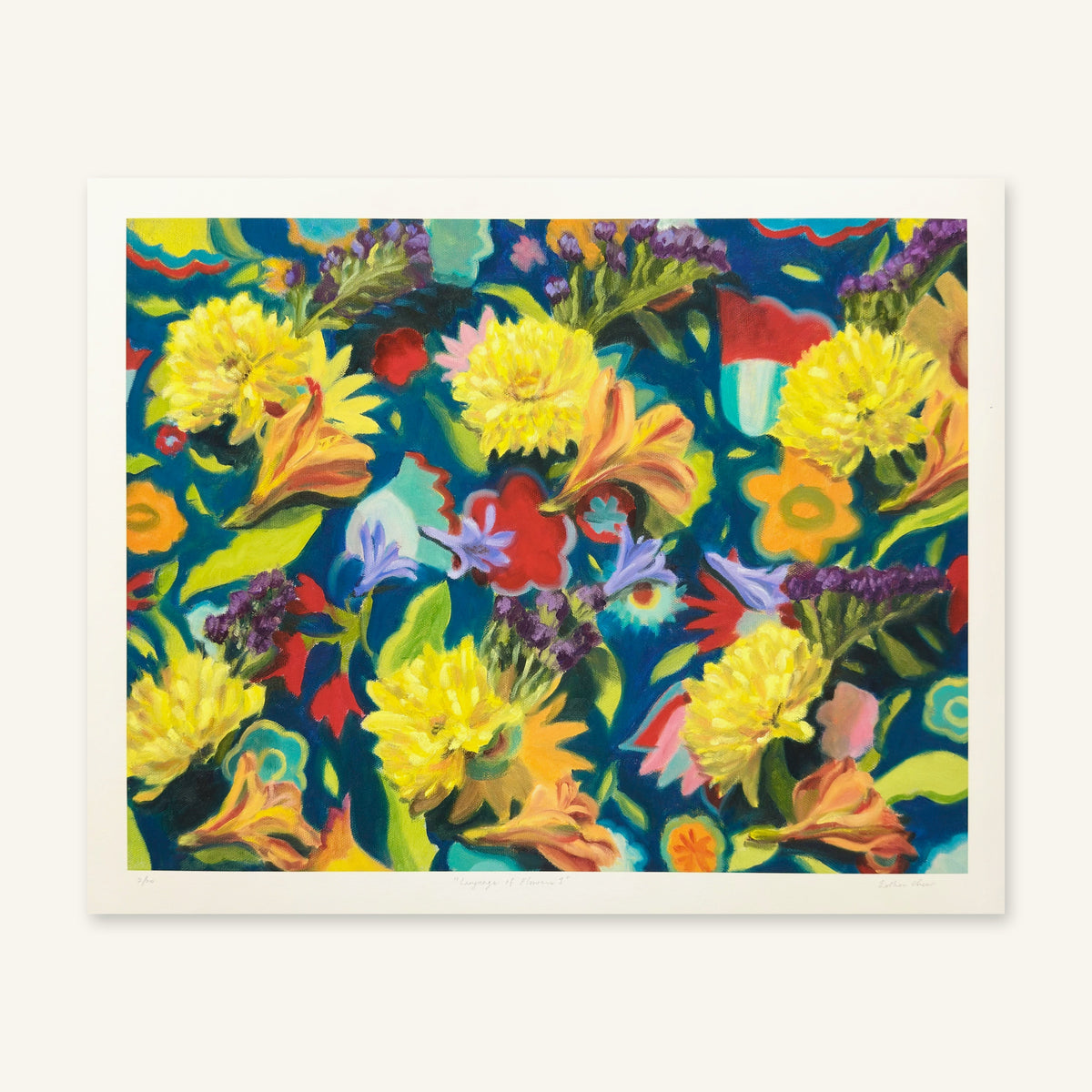 Language of Flowers 1 (Yellow and Blue) giclée art print by Esther Chow, photographed flat