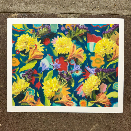 Language of Flowers 1 (Yellow and Blue) giclée art print by Esther Chow, photographed in store