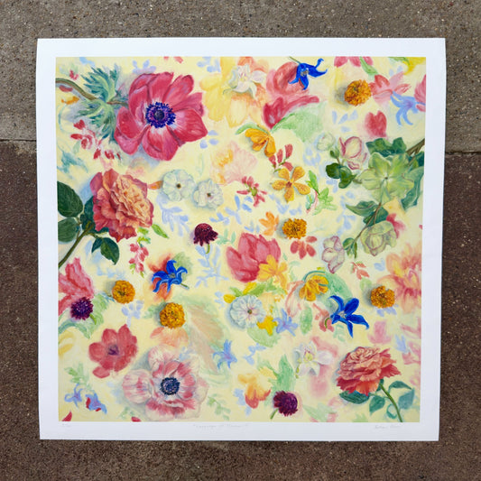 Language of Flowers 18 (Tea Party) giclée art print by Esther Chow, photographed in store