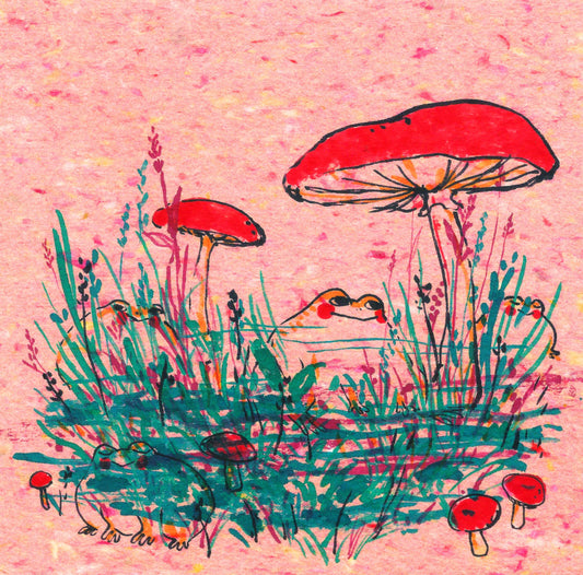 Frogs & Mushrooms On Pink Art Print | Rebekah Evans (NC)