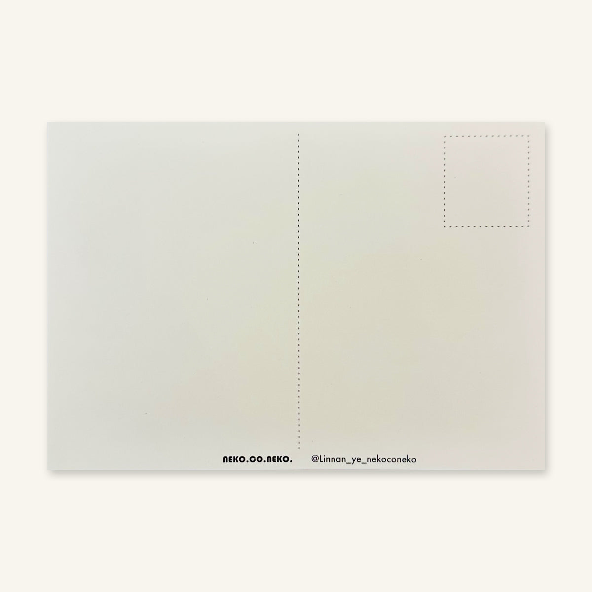 Back of a Linnan Ye mini art print: blank postcard layout with Neko.Co.Neko. credit