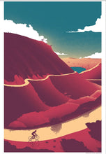 Load image into Gallery viewer, Poster of a mountainous landscape with a cyclist on a white background