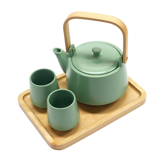 Green Matte Porcelain Tea Set with 2 Cups + Wooden Tray | Green