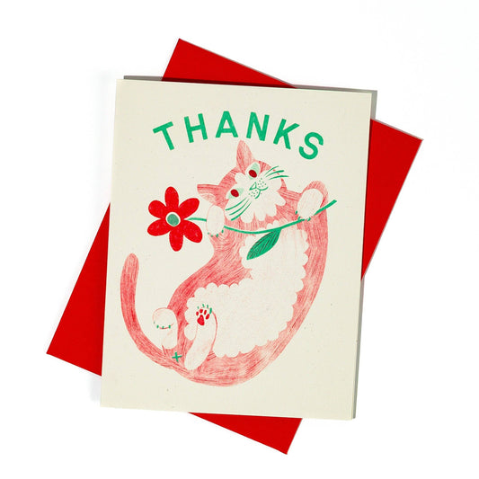 Thanks Cat & Flower Risograph Card | Bromstad Printing Co. (VA)