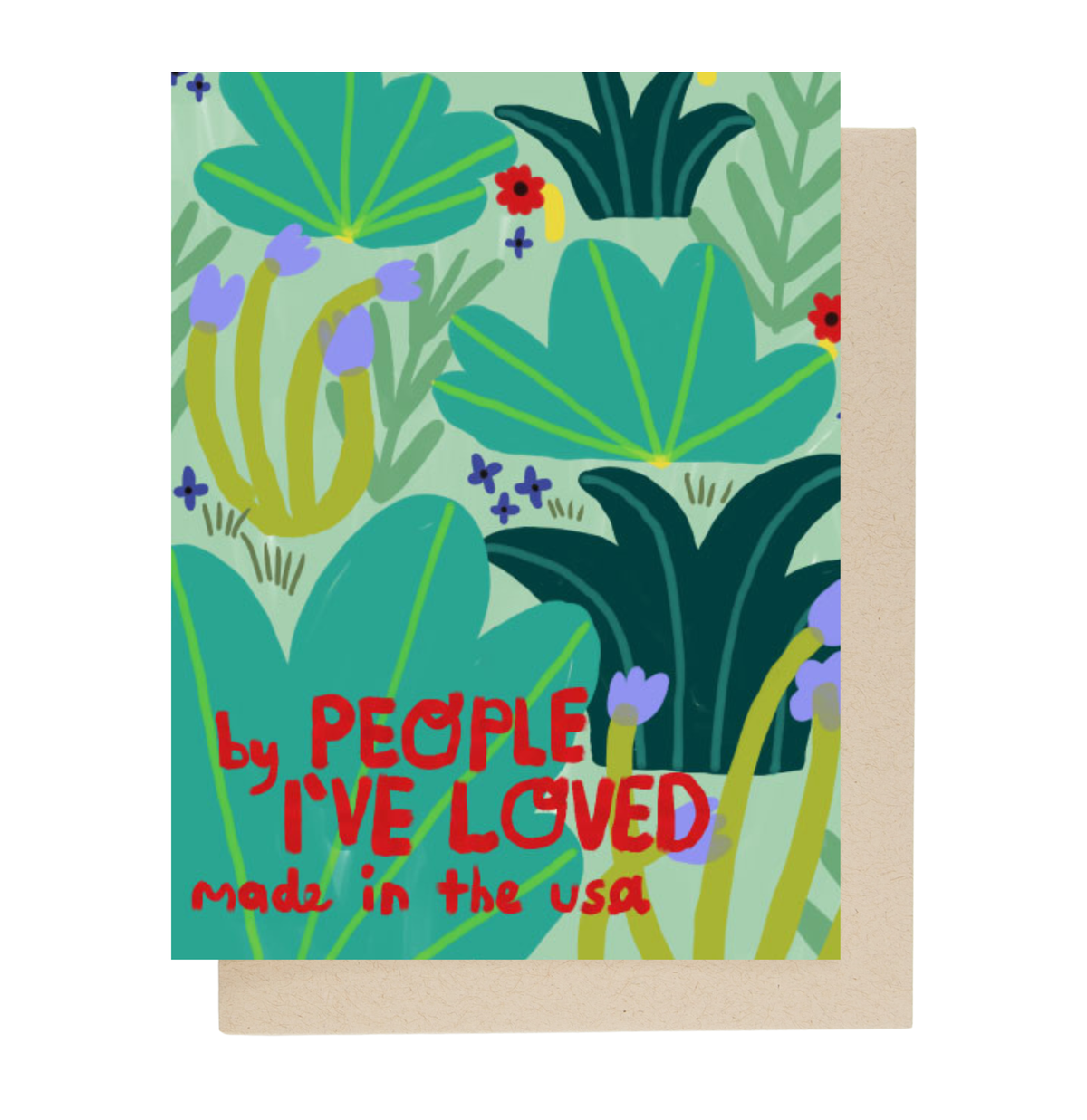 Back of the Merci Beaucoup card with the People I've Loved logo on green leaves