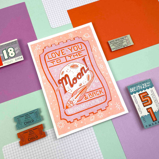 A5 to the Moon & Back Ticket, Risograph Print | Jacqueline Colley (UK)