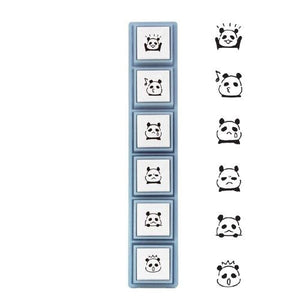 Set of panda-themed stamps with a blue holder on a white background