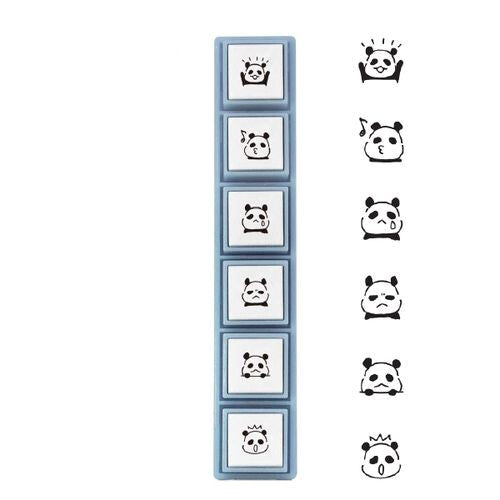 Set of panda-themed stamps with a blue holder on a white background