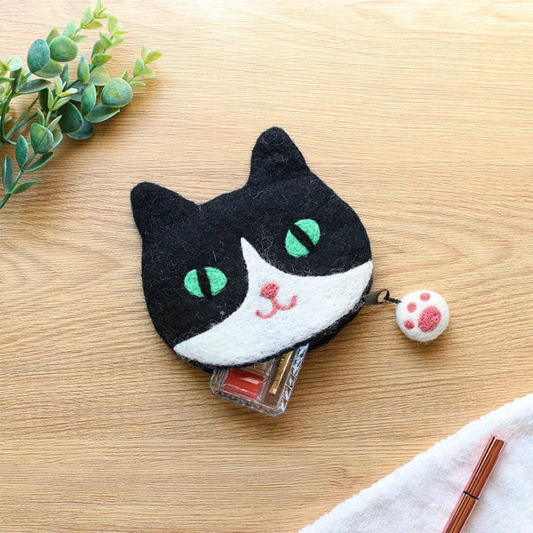 Felted Wool Tuxedo Cat Zipper Pouch (Japan)