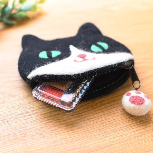 Felted Wool Tuxedo Cat Zipper Pouch (Japan)