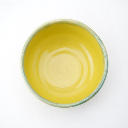 Yellow Drip Glaze Ceramic Matcha Bowl with Green & Blue Rim (Japan)