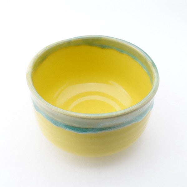 Yellow Drip Glaze Ceramic Matcha Bowl with Green & Blue Rim (Japan)