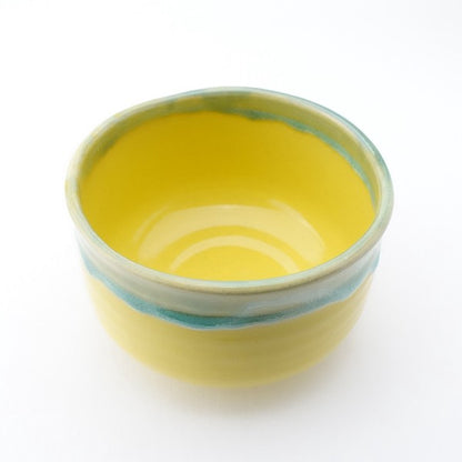 Yellow Drip Glaze Ceramic Matcha Bowl with Green & Blue Rim (Japan)