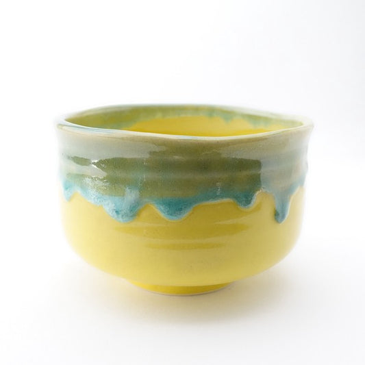 Yellow Drip Glaze Ceramic Matcha Bowl with Green & Blue Rim (Japan)