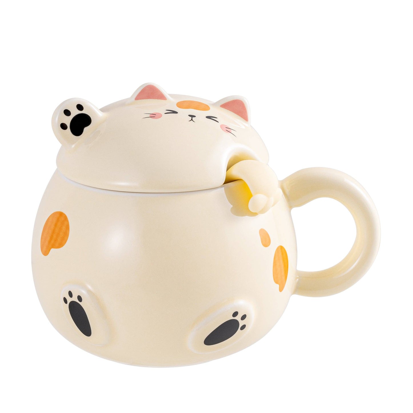 Whimsy Cat Stoneware Mug  with Lid + Spoon