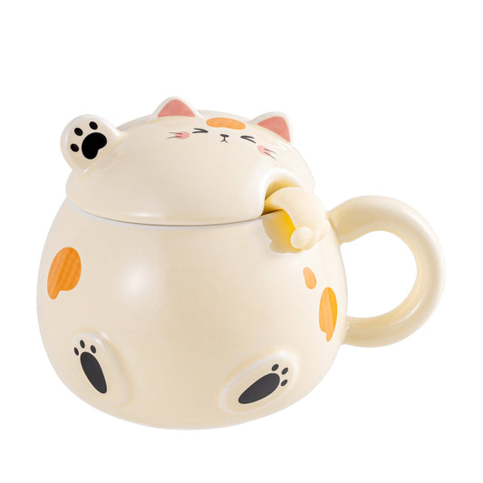 Whimsy Cat Stoneware Mug  with Lid + Spoon