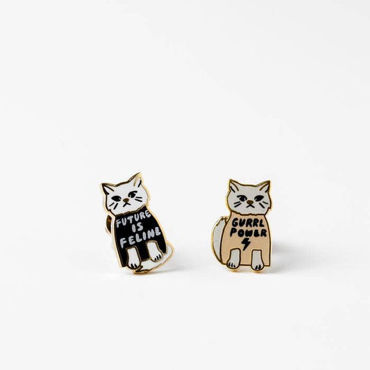 Girl Power Cats Gold Statement Stud Earrings | Yellow Owl Workshop (CA)