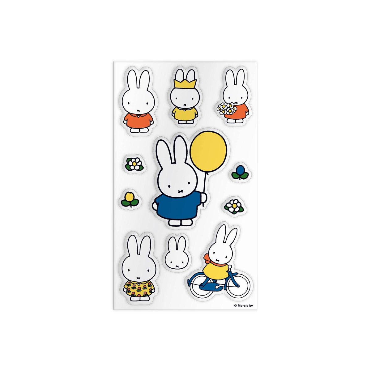 Miffy sticker sheet with Miffy wearing a crown, riding a bicycle, holding a yellow balloon, plus small flower stickers