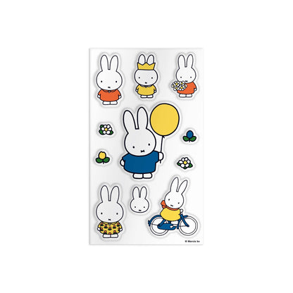 Miffy sticker sheet with Miffy wearing a crown, riding a bicycle, holding a yellow balloon, plus small flower stickers